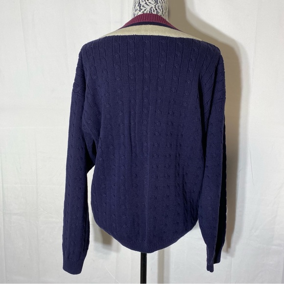 Vintage Christopher Rand Navy Burgundy Cream Cotton Cable Knit V Neck Sweater M - Picture 2 of 15